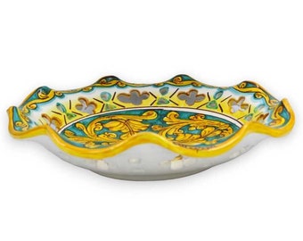 Caltagirone ceramic scalloped-perforated centerpiece with 2 size options (1pc) baroque decoration and palmette, green background
