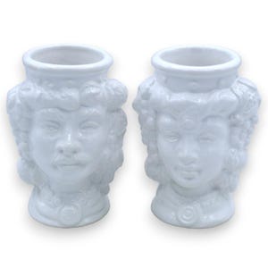 Pair of Moorish Heads in Caltagirone ceramic, h 10 cm / 11 cm approx. Glossy White