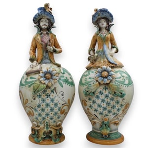Pair of &quot;Signorotti&quot; 18th century Caltagirone ceramic lamps, approx. 50 cm high, baroque decoration and relief applications