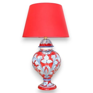 Baroque lamp with decorated stem, Sicilian ceramic, approx. 70 cm high. Turquoise baroque decoration on a red background.