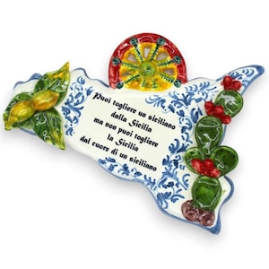 Sicily ceramic with phrase, L 20 x 14 cm approx. Applications of fruit and prickly pear blades