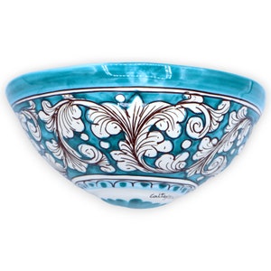 Caltagirone ceramic hamper, Baroque decoration, verdigris background - 25 L x 11 h cm approx.