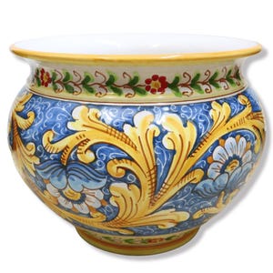 Maceta de cerámica Cachepot Caltagirone, decoración barroca con flores sobre fondo azul - disponible en varios tamaños (1 unidad)