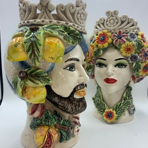 SICILIAN HEAD, Sicilian Moor&#39;s head in Caltagirone ceramic entirely hand-modelled H.30 L.20 artisanal, 4 seasons line