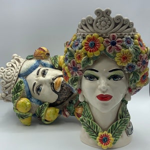 SICILIAN HEAD, Sicilian dark brown head in Caltagirone ceramic entirely modeled by hand H.30 L.20 handcrafted, 4 seasons line image 6