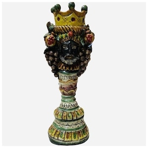 Giano Bifronte candlestick, Sicilian Moor&#39;s head with two faces, h 38 cm approx. Caltagirone ceramic, green, red and yellow