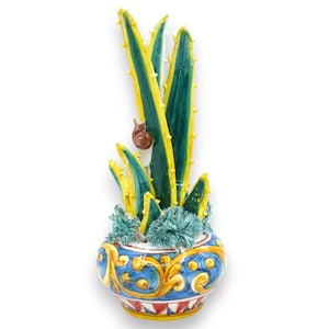 Vase with Agave and snails in Caltagirone ceramic - h 30 cm approx. Sicilian cart decoration TYPE 2