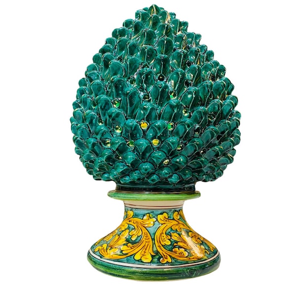 Sicilian Pigna lamp in Caltagirone ceramic, Verderame color with decorated stem - height approximately 50 cm