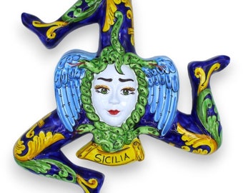 Trinacria in fine Sicilian ceramic, h approx. 36 cm Blue, yellow/green Baroque decoration