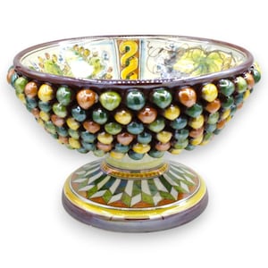 Pigna-Kuchenständer aus Caltagirone-Keramik, Ø ca. 30 cm, mehrfarbig, sizilianische Karrendekoration und MD4-Perlmutt-Emaille