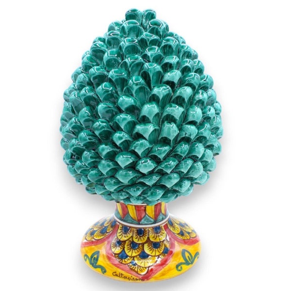 Sicilian Pinecone in Caltagirone Ceramics with 3 size options (1pc) Verderame, Stem with peacock tail decoration on a yellow background
