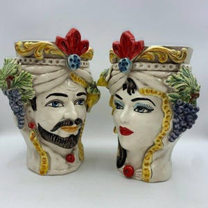 Sicilian Moorish Heads (1 Unit) h 27 cm approx. Caltagirone ceramic, Classic Model with Fruit