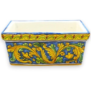 Rectangular vase in Caltagirone ceramic, 5 size options (1 unit) baroque decoration, leaves and blue background