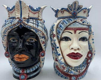 Sicilian moorheads pair man and woman in Caltagirone ceramic entirely hand-shaped H.25 cm