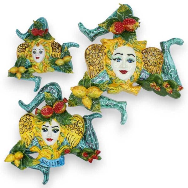 Trinacria Sicilian ceramic with mixed fruit and pale prickly pear applications, Verderame background - with three size options (1pc)