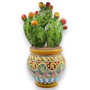 Cachepot Vase with prickly pear blades composition - h 50 x W 25/27 cm approx. Sicilian cart decoration
