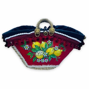 Lemon coffa in dwarf palm, typical Sicilian lined bag, with applications and hand-painted panel and trimmings - 58 x 35 cm