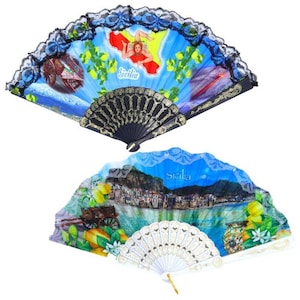 Plastic fan with lace, approx. 23 cm high, in two colour options and random decoration (1pc)