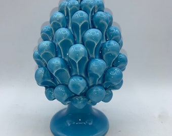 Sicilian ceramic pine cone from Caltagirone 15 cm made entirely by hand, symbol of prosperity, fertility, longevity, Turquoise color