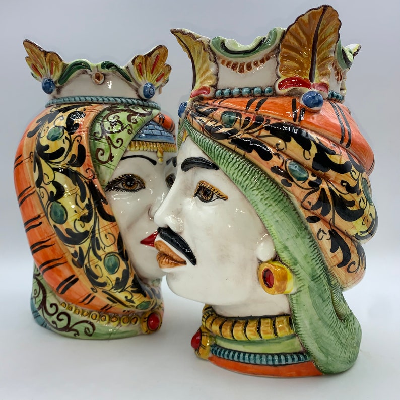 Sicilian moorheads pair man and woman in Caltagirone ceramic entirely hand-shaped H.25 cm