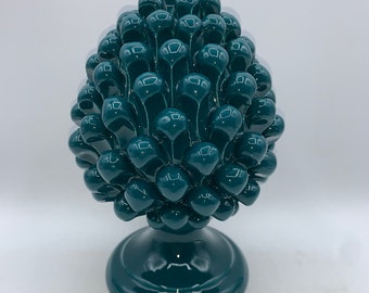Pomme de pin en céramique sicilienne de Caltagirone 20 cm réalisée entièrement à la main, symbole de prospérité, de fertilité, de longévité, couleur sarcelle