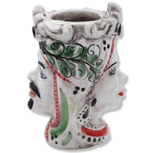 Two-faced Janus head with two faces in Caltagirone ceramic, 17th century green decoration - h 13 cm approx. (1 unit)