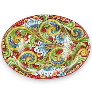 Caltagirone ovalt fat i keramik, serveringsfat, ca 40 x 30 cm (1 styck) med olika dekorationer