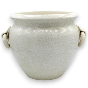Può includere: Un vaso per piante in ceramica color crema con una finitura lucida e un distinto motivo a smalto craquelé. Il contenitore presenta un corpo ampio e arrotondato, un bordo svasato e due manici decorativi a forma di anello sui lati.
