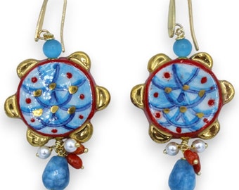 Caltagirone ceramic tambourine earrings, h approx. 6 cm, 24k pure gold enamel, scaramazze pearls, coral and Angelite