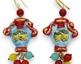 Amphora earrings in Caltagirone ceramic - h approx. 8 cm Natural stones and 24k pure gold enamel