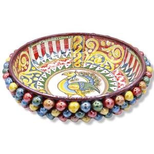 Caltagirone ceramic multicolored mother-of-pearl pine cone centerpiece, Ø 35 cm approx., Sicilian cart decoration with peacock