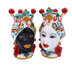 Pair of Caltagirone Moorish Heads with Crown, Sicilian Cart and Lemon Decoration, approx. 20 cm high