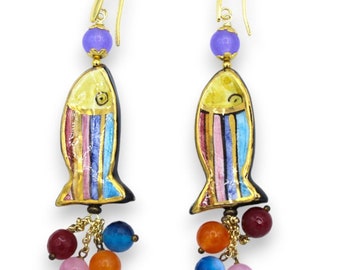 Caltagirone ceramic earrings, fish - h approx. 9 cm with natural stones and 24k pure gold enamel
