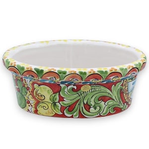 Caltagirone ceramic oval vase - L 35 x 22 x 14 cm approx. Baroque decoration, fruit and Sicilian cart wheel