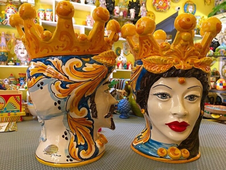 Sicilian moorheads pair man and woman in Caltagirone ceramic entirely hand-shaped H.25 cm