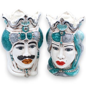 Sicilian Emiri Moorish heads (pair) h 25 cm approx. Caltagirone ceramic, platinum enamel details MD15