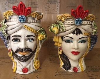 SICILIAN HEAD, Sicilian dark brown heads in Caltagirone ceramic entirely modeled by hand H.26 L.20 With fruit