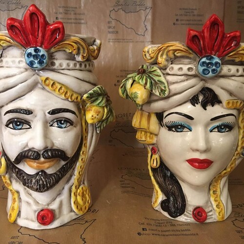 Sicilian moorheads pair man and woman in Caltagirone ceramic entirely hand-shaped H.25 cm