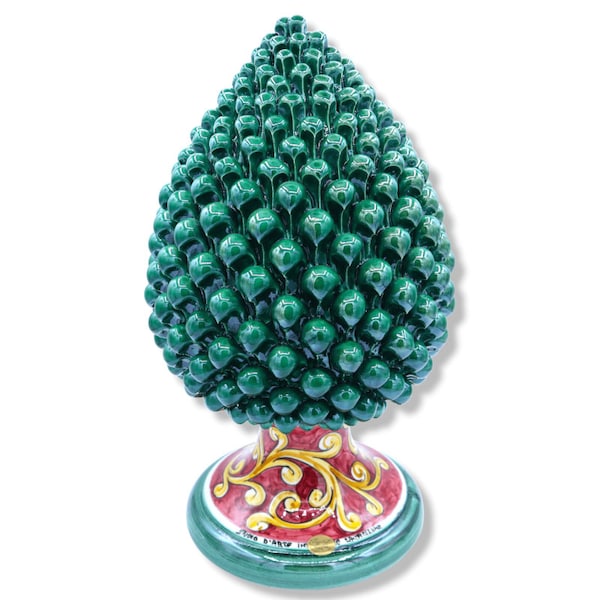 Sicilian pine cone in Caltagirone Verderame ceramic, stem with baroque decoration on a Bordeaux background, h approx. 40 cm Mod NT