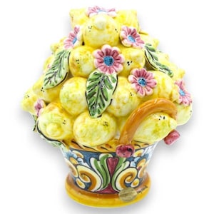 Caltagirone ceramic basket, applications of lemons, flowers and leaves, h 20 cm approx.