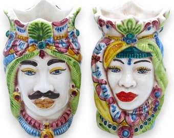 Sicilian dark brown heads with crown and turban (pair) h 13 / 14 cm approx Caltagirone ceramic MD32