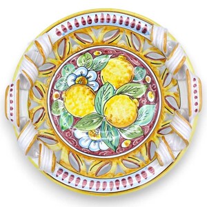 Caltagirone ceramic perforated centerpiece, torchon handles, 2 size options (1pc) lemons and flowers, burgundy background