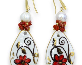 Caltagirone ceramic earrings, white prickly pear shovel - h approx. 7 cm, Scaramazza pearl, coral and 24k pure gold enamel
