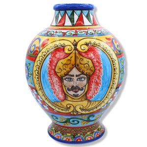 Vase in fine Caltagirone ceramic, Sicilian cart decoration depicting a Paladin, diameter approx. 25 cm Mod. SM