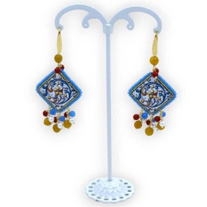 Lava stone tile earrings, turquoise Sicilian majolica decoration, scaramazze pearls, bamboo coral and natural stones