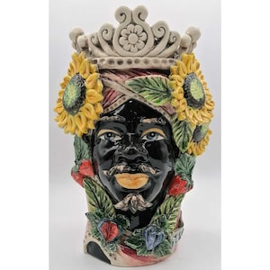 SICILIAN HEAD, Sicilian Moor&#39;s head in Caltagirone ceramic entirely hand-modelled H.30 L.20 artisanal, 4 seasons line