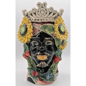 Sicilian head, four seasons line, Sicilian dark brown head in hand-modelled Caltagirone ceramic H.30 L.20 handcrafted 4 season image 2