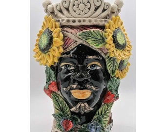 SICILIAN HEAD, Sicilian dark brown head in Caltagirone ceramic entirely modeled by hand H.30 L.20 handcrafted, 4 seasons line