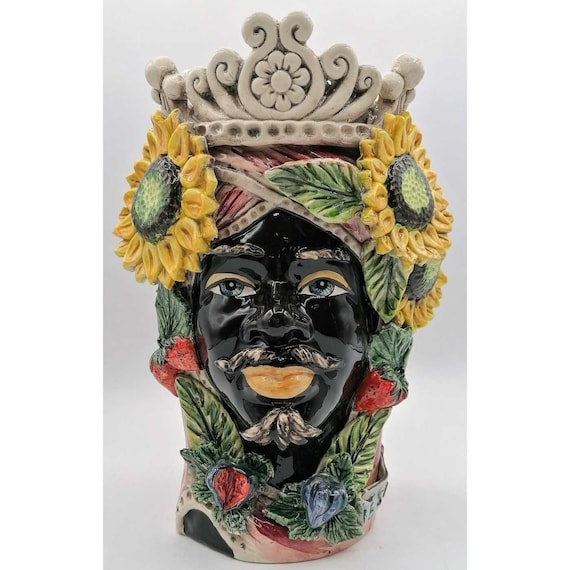 Testa Di Moro Siciliana In Ceramica Caltagirone - Collezione Estate, Altezza 20 Cm, Fatto A Mano