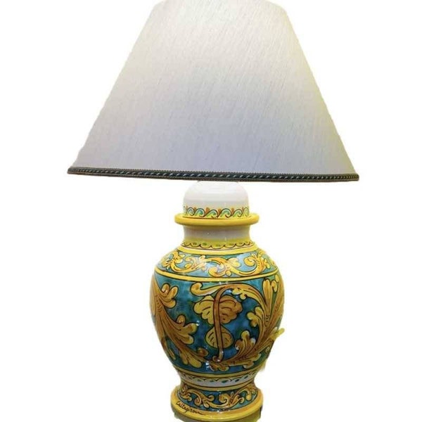 Caltagirone ceramic lamp with Verderame background and yellow baroque decoration - height approximately 65 cm